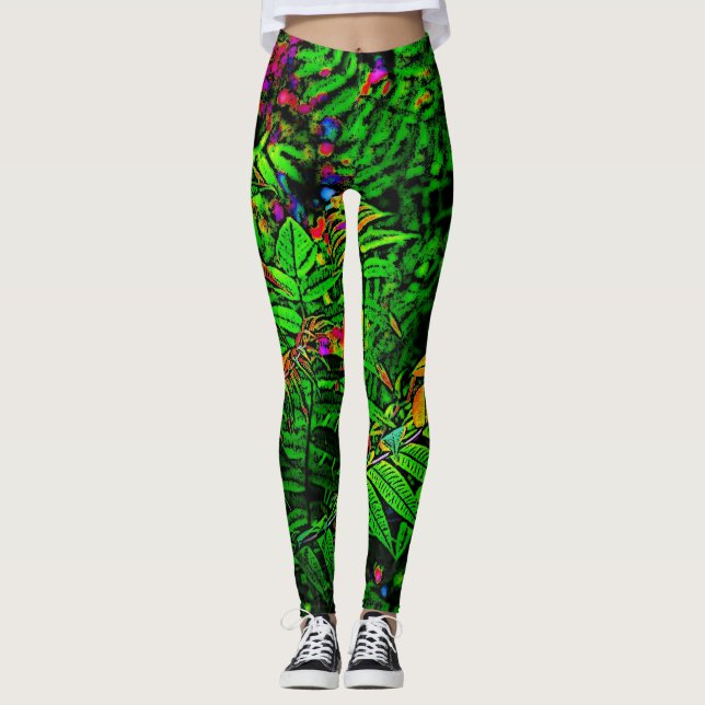 Cartooned Fern Leaf Jungle Leggin Print Leggings (Front)