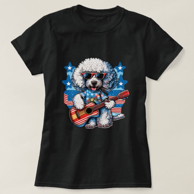 Cartoonish Poodle Dog wearing a Hawaiian and Play  T-Shirt (Design Front)