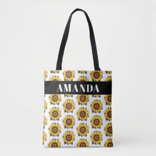 Cartoonish Yellow Custom Name Sunflower Pattern Tote Bag