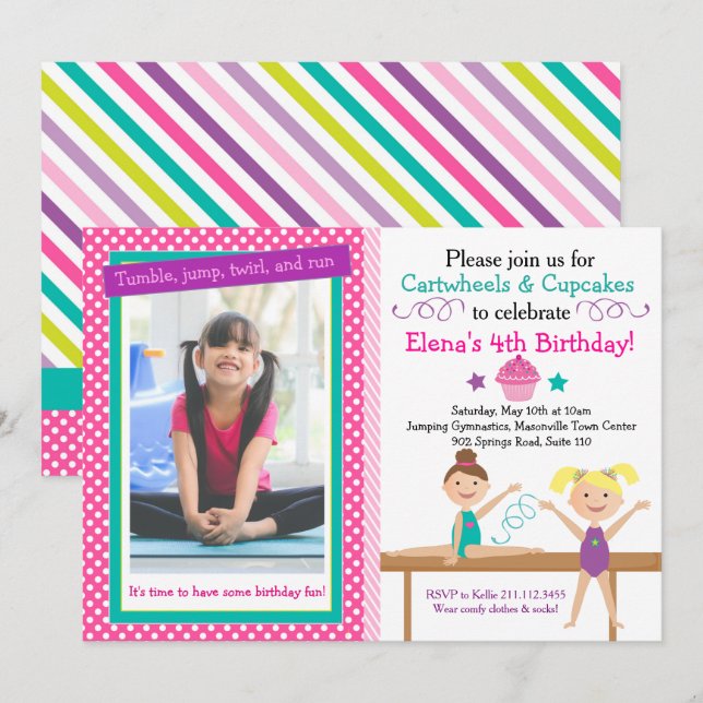 Cartwheels and Cupcakes Gymnastics Birthday Invitation (Front/Back)