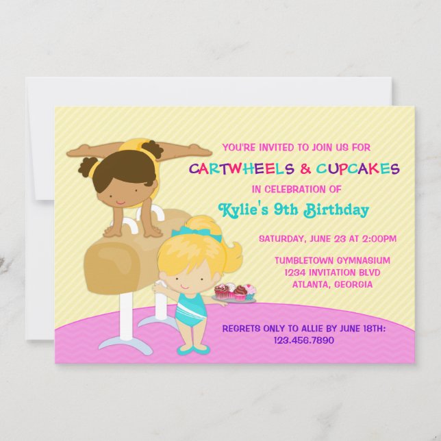 Cartwheels and Cupcakes Gymnastics Birthday Party Invitation (Front)