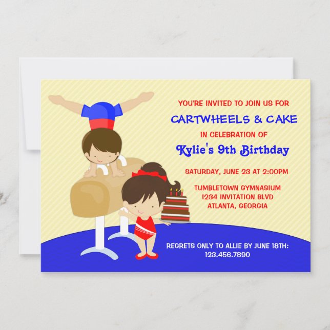 Cartwheels and Cupcakes Gymnastics Birthday Party Invitation (Front)