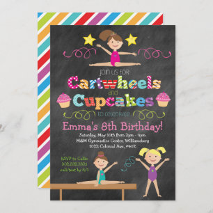 Cartwheels & Cupcakes Chalkboard Gymnastics Party Invitation