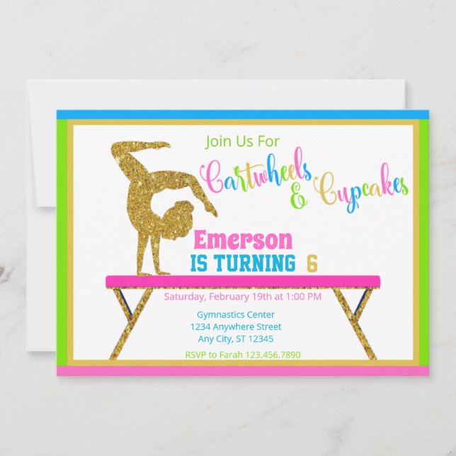 Cartwheels & Cupcakes Gymnastics Birthday Party Invitation (Front)