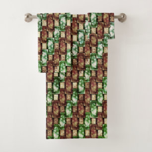Carved and spotted brown green rectangular pieces bath towel set