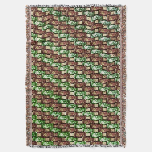 Carved and spotted brown green rectangular pieces throw blanket (Front Vertical)