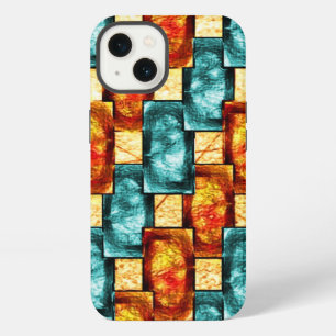 Carved and stained cyan orange rectangular plates iPhone 13 case