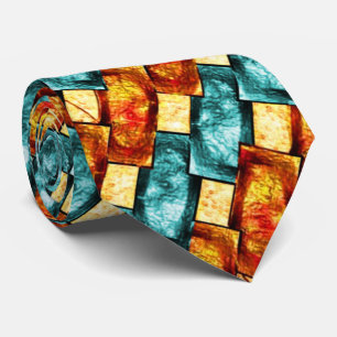 Carved and stained cyan orange rectangular plates tie