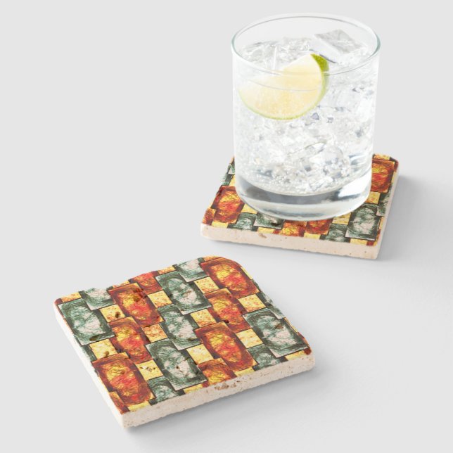 Carved and stained green red rectangular plaques stone coaster (Side)