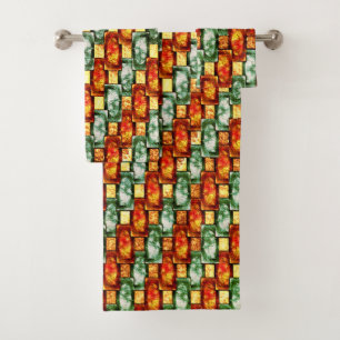 Carved and stained green red rectangular plates bath towel set