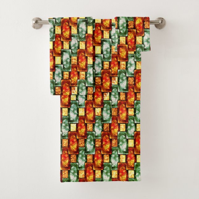 Carved and stained green red rectangular plates bath towel set (Insitu)