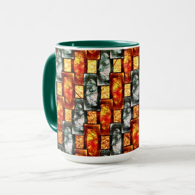 Carved and stained red green rectangular plaques mug (Front Left)