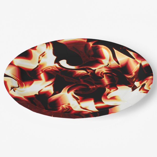 Carved bonfire on darkest red background paper plate (Angled)