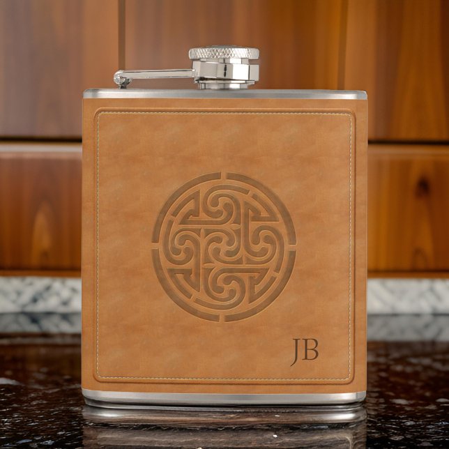 Carved Celtic Knot Faux Leather Wrapped Irish Hip Hip Flask (Carved Celtic Knot Faux Leather Wrapped Irish Hip Flask On Marble Floor)
