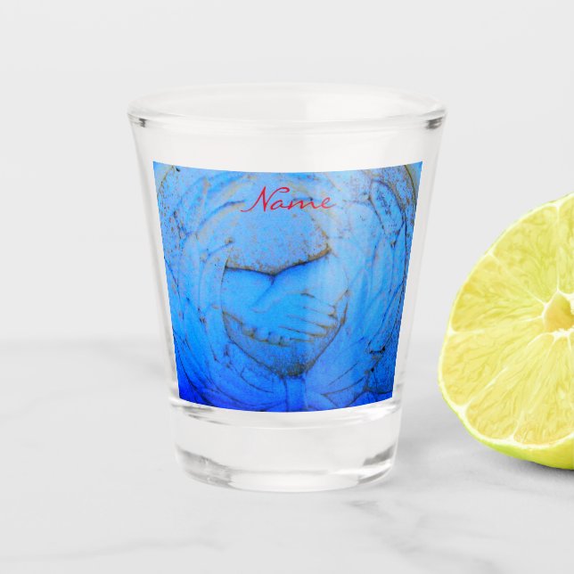 Carved clasped hands gravestone shot glass (Front)