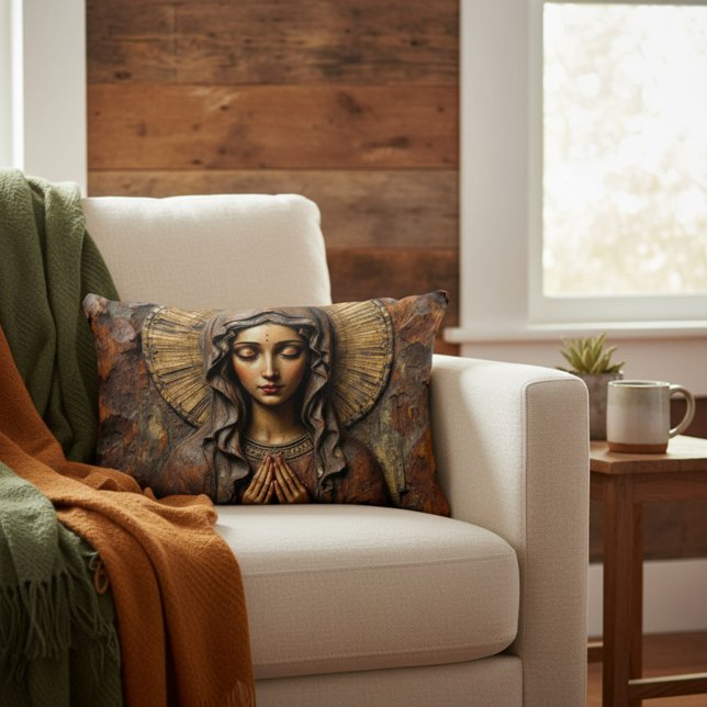Carved Devotion  Wooden Mary Decorative Cushion (Creator Uploaded)