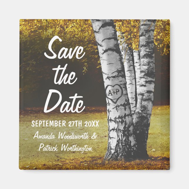 Carved Fall Birch Tree Wedding Save the Date Magnet (Front)