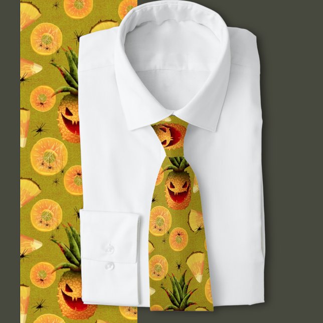 Carved Halloween  Pineapple  Tie (Halloween carved tropical pineapple pattern with spiders and spiderwebs)