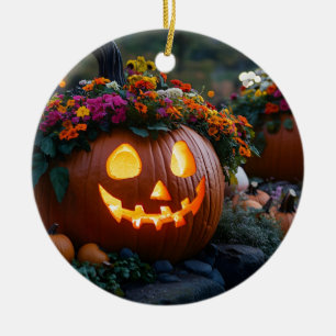Carved Halloween pumpkins decorated with flowers Ceramic Ornament