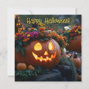Carved Halloween pumpkins decorated with flowers Holiday Card