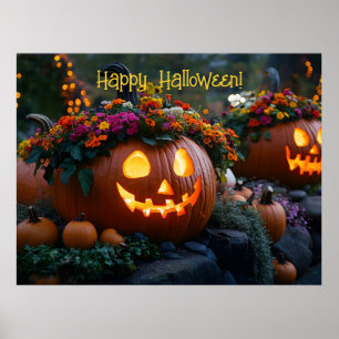 Carved Halloween pumpkins decorated with flowers Poster
