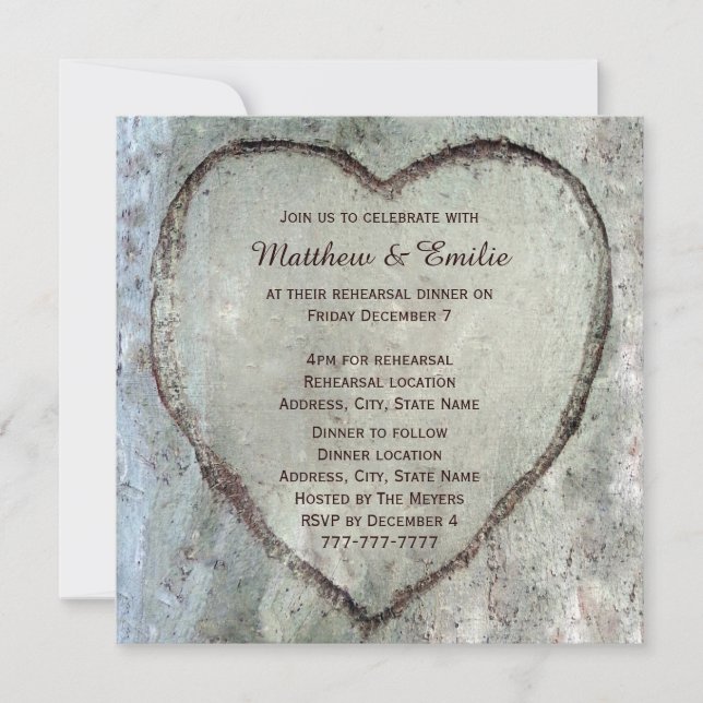 Carved Heart Birch Tree Wedding Rehearsal Dinner Invitation (Front)