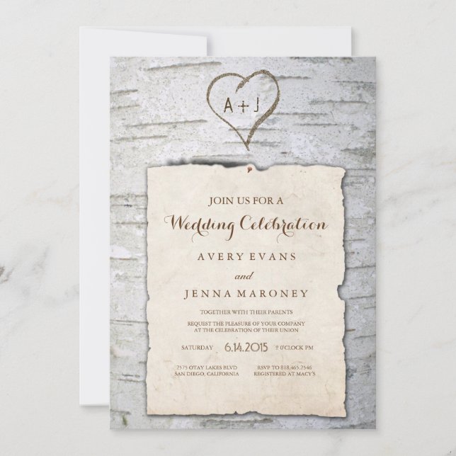 Carved Heart in Tree Pinned Wedding Invitation (Front)