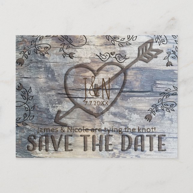 Carved Heart in Wood Love Birds Save the Date Announcement Postcard (Front)