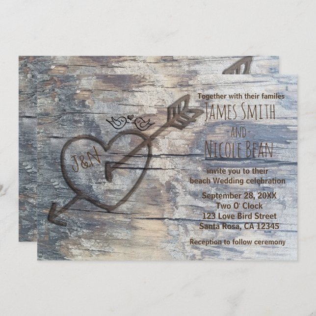 Carved Heart in Wood Love Birds Wedding Invitation (Front/Back)