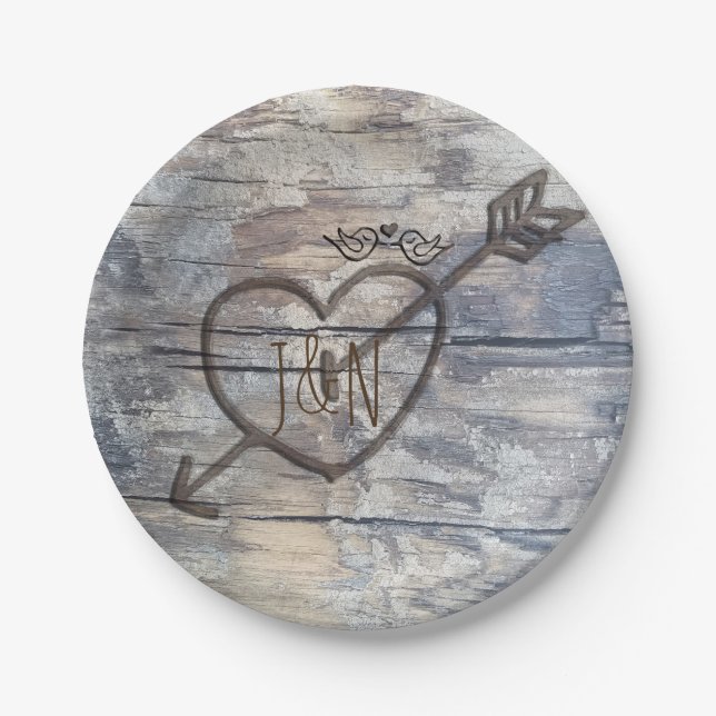 Carved Heart in Wood Love Birds Wedding Reception Paper Plate (Front)