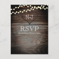 Carved Heart in Wood & String Lights Rustic RSVP