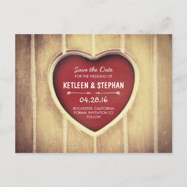 Carved heart rustic country save the date announcement postcard (Front)