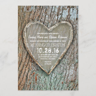 Carved heart rustic country tree wedding invites