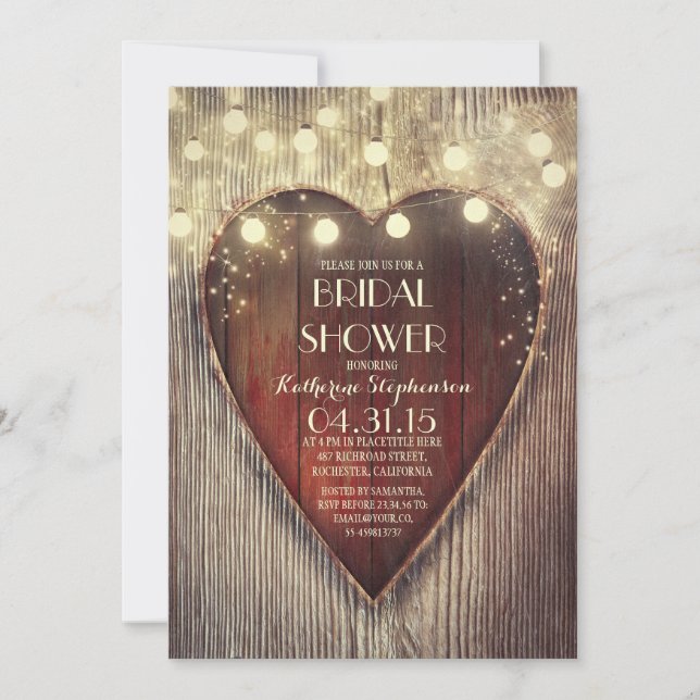 carved heart string lights wooden bridal shower invitation (Front)