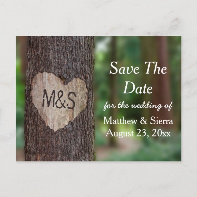 Carved Heart Tree Initials Save The Date Wedding Announcement Postcard (Front)