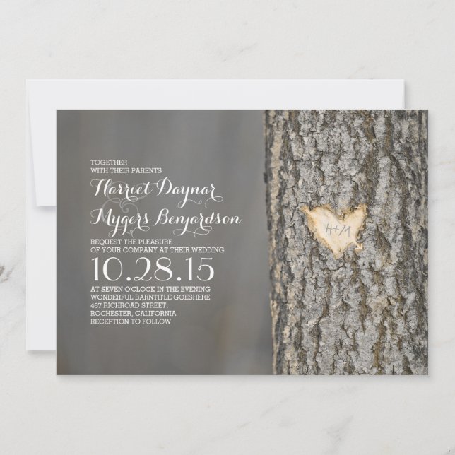carved heart tree rustic country wedding invitation (Front)