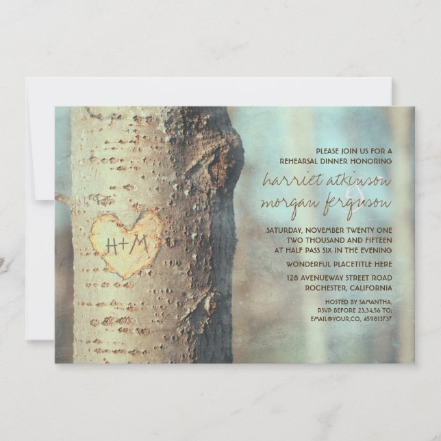 carved heart tree rustic rehearsal dinner invitation (Front)