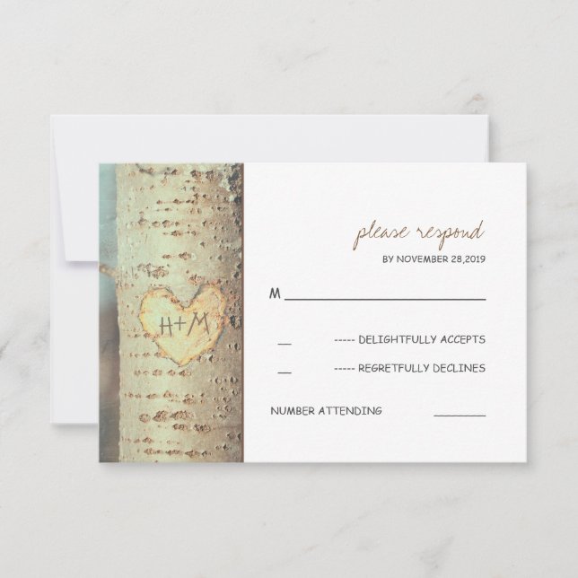 carved heart tree rustic RSVP cards (Front)