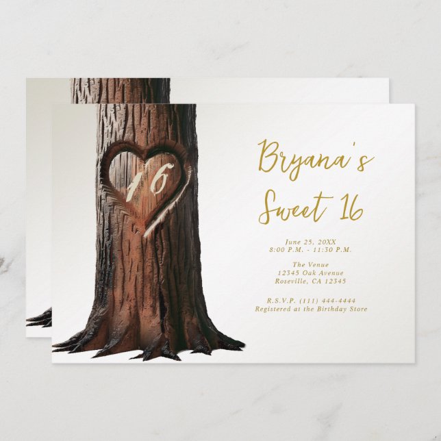 Carved Heart Tree Stump Rustic Minimal Sweet 16 Invitation (Front/Back)