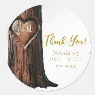 Carved Heart Tree Stump Rustic Minimal Wedding Classic Round Sticker