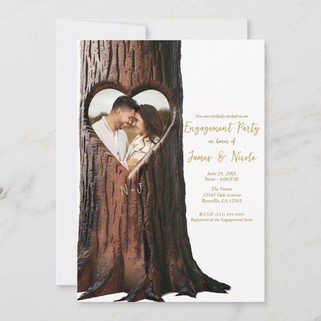 Carved Heart Tree Stump Rustic Photo Engagement Invitation (Front)