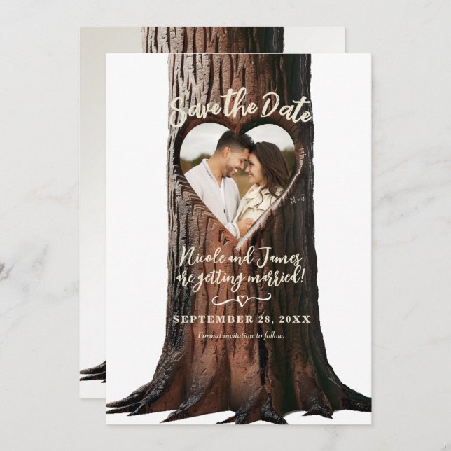 Carved Heart Tree Stump Rustic Photo Save the Date Invitation (Front/Back)