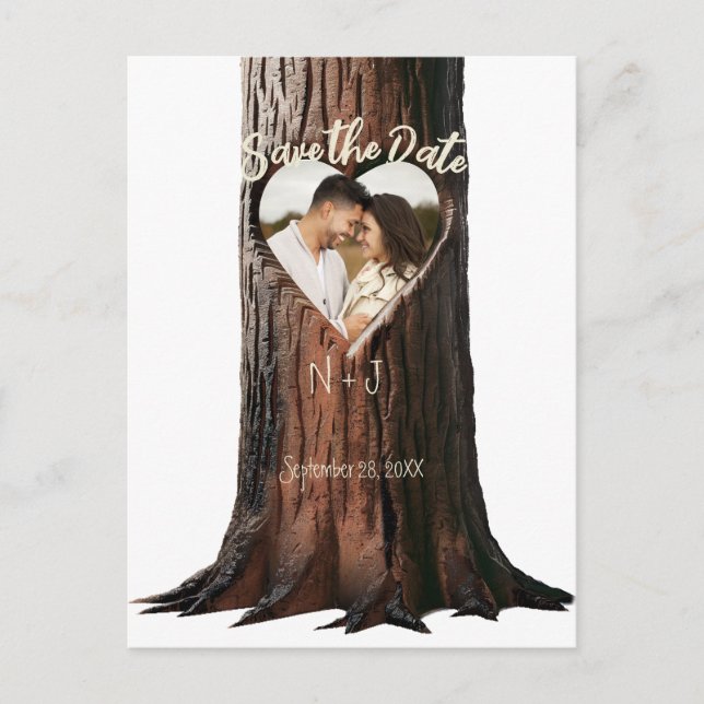 Carved Heart Tree Stump Rustic Save the Date Photo Announcement Postcard (Front)