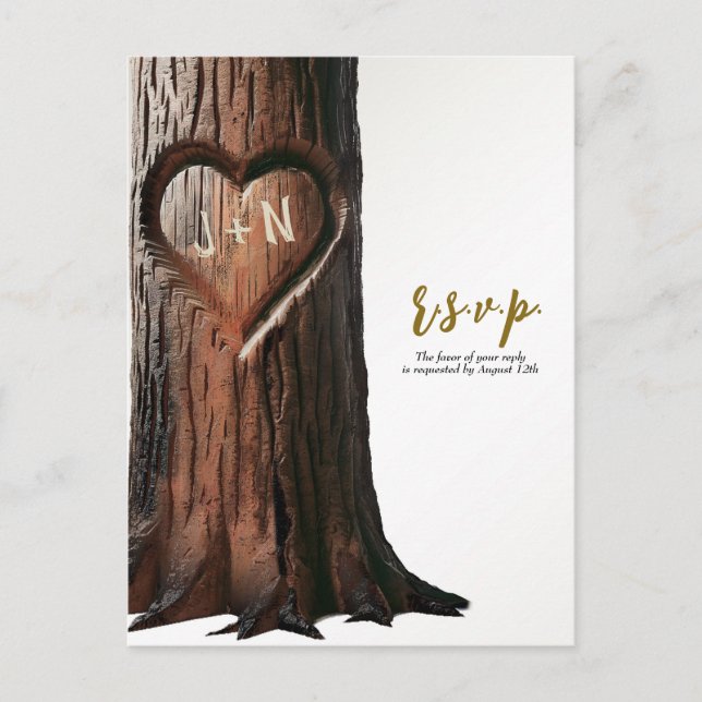 Carved Heart Tree Stump Rustic Wedding R.S.V.P.  Announcement Postcard (Front)