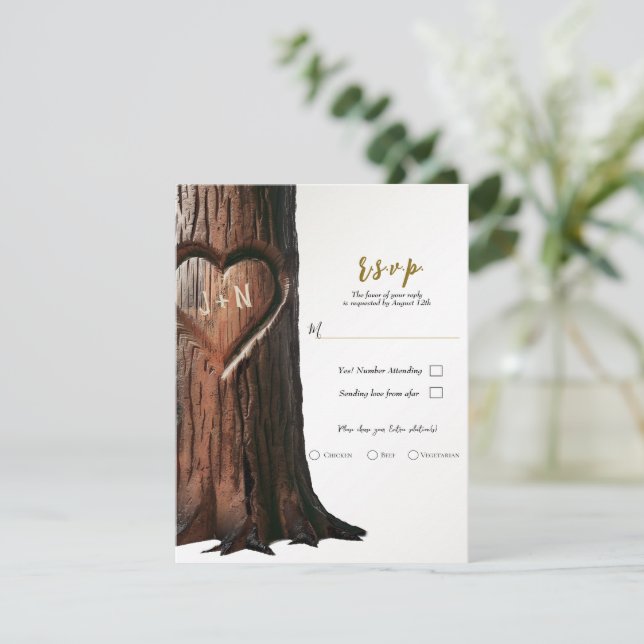 Carved Heart Tree Stump Rustic Wedding Reply RSVP Invitation (Standing Front)