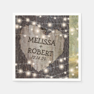 Carved Heart Tree Wedding   Rustic String Lights Napkin