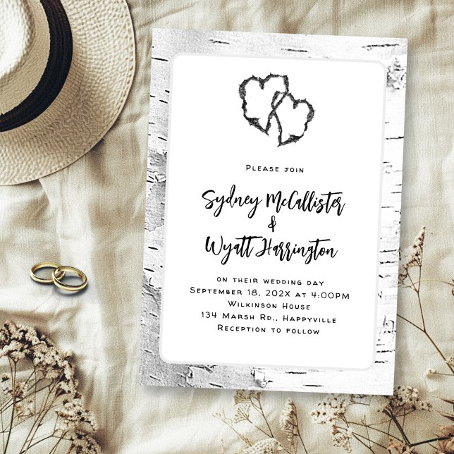 Carved Hearts White Birch Tree Wedding Invitation (Creator Uploaded)