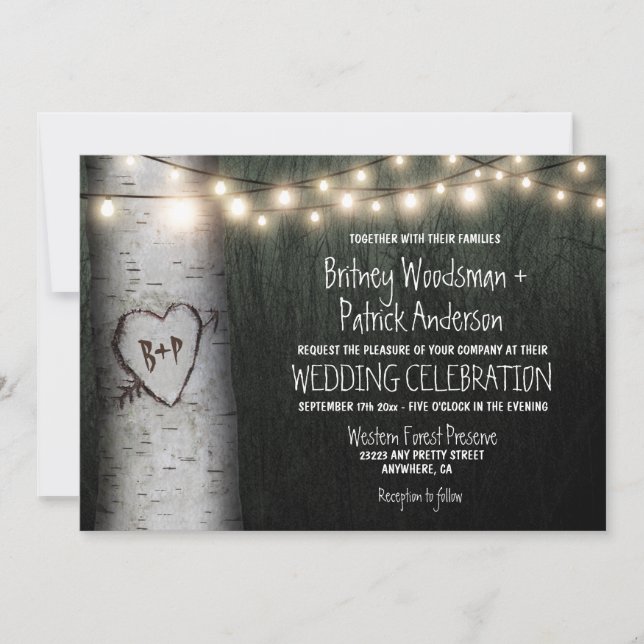 Carved Initials Birch Tree Wedding Invitations (Front)