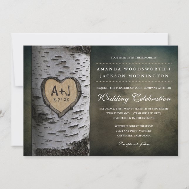 Carved Initials Birch Tree Wedding Invitations (Front)