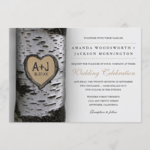 Carved Initials Birch Tree Wedding Invitations